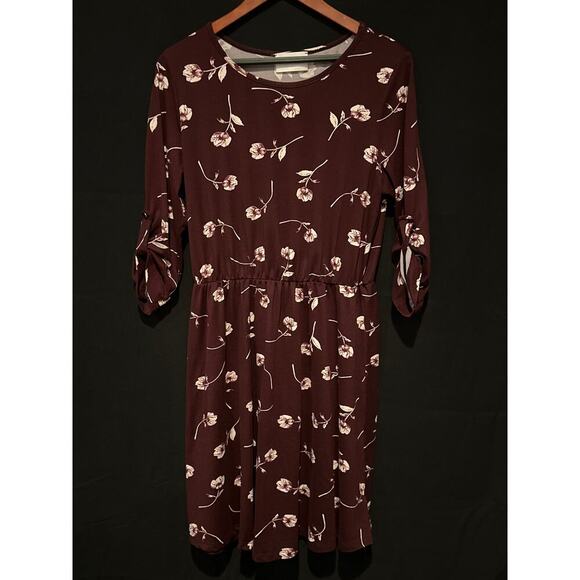 French Grey Burgundy Floral A line dress Sz L - Picture 1 of 6